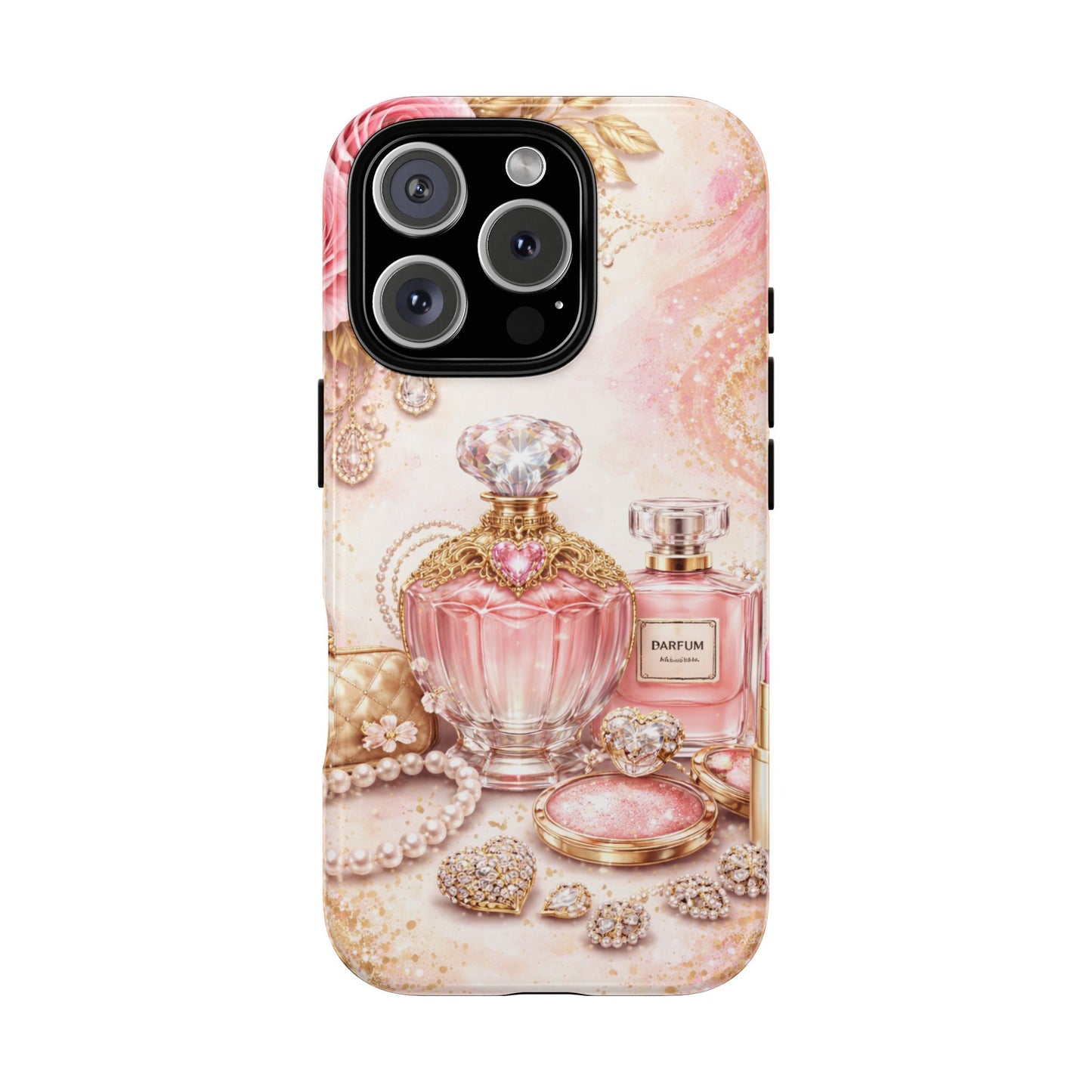 Floral Perfume Vanity Tough Phone Case — Glamorous Pink Cosmetics Design