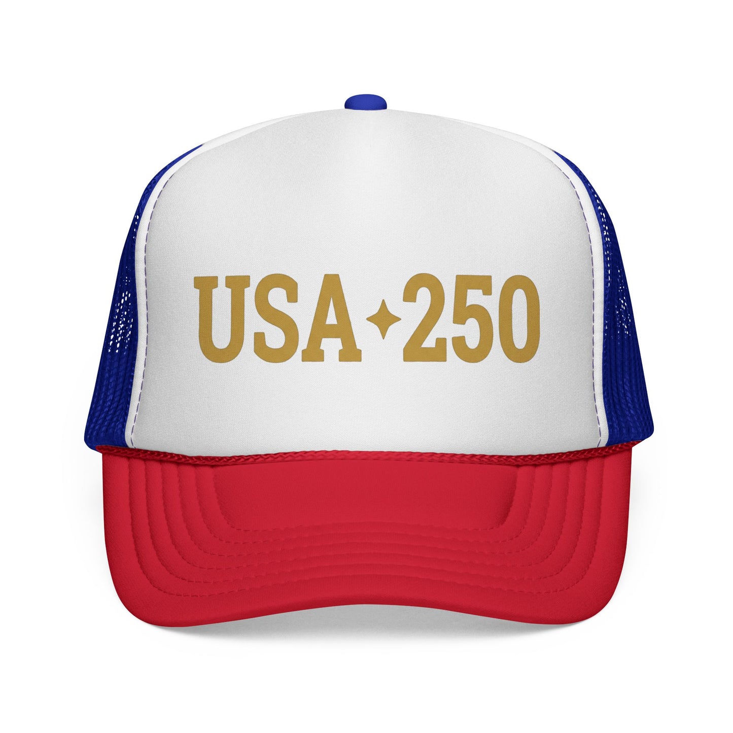 USA 250 Trucker Cap — Gold Vintage Patriotic Mesh Hat