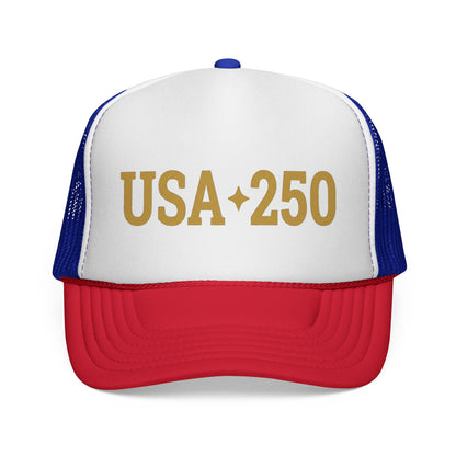 USA 250 Trucker Cap — Gold Vintage Patriotic Mesh Hat