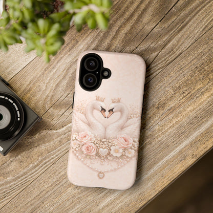 Swan Heart Tough Phone Case — Romantic Pearl & Rose Protective Cover