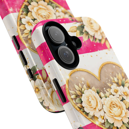Floral Heart Tough Phone Case — Pink Striped Protective Cover