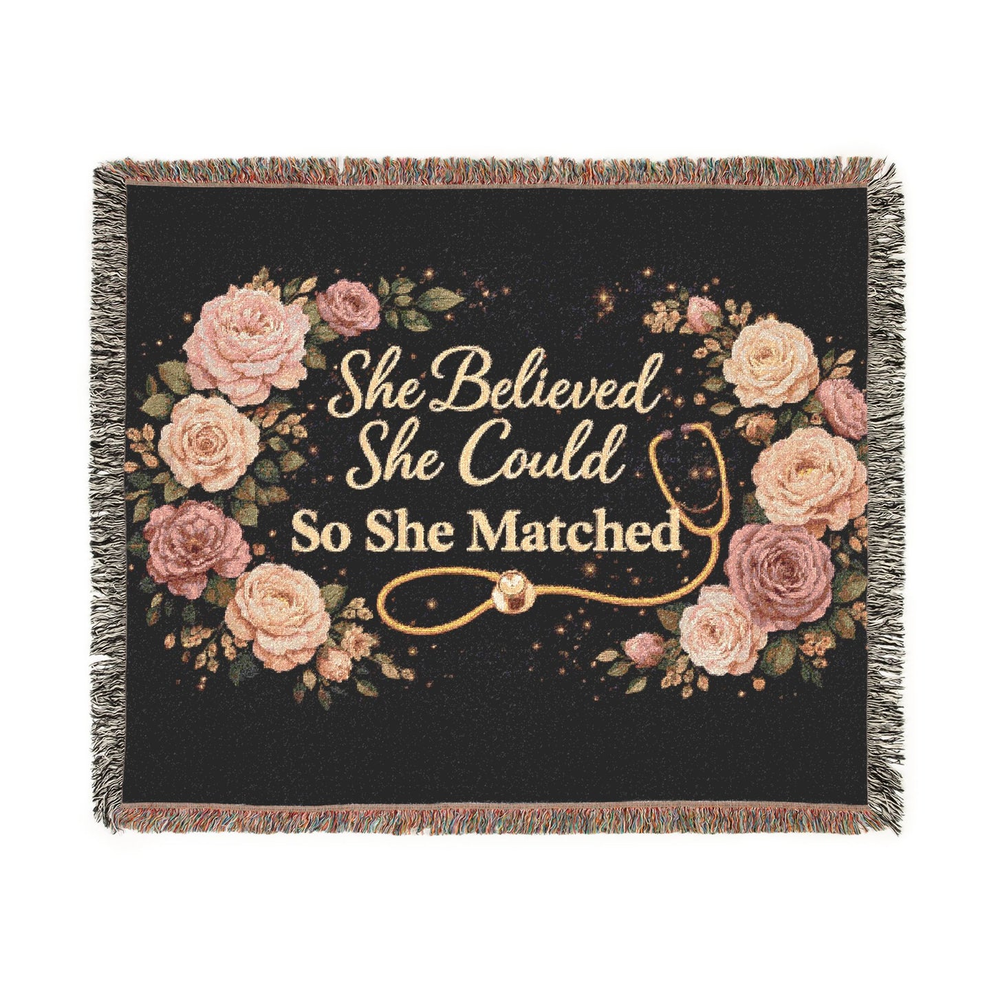 Woven Blanket: "She Believed She Could So She Matched" Floral Stethoscope Throw