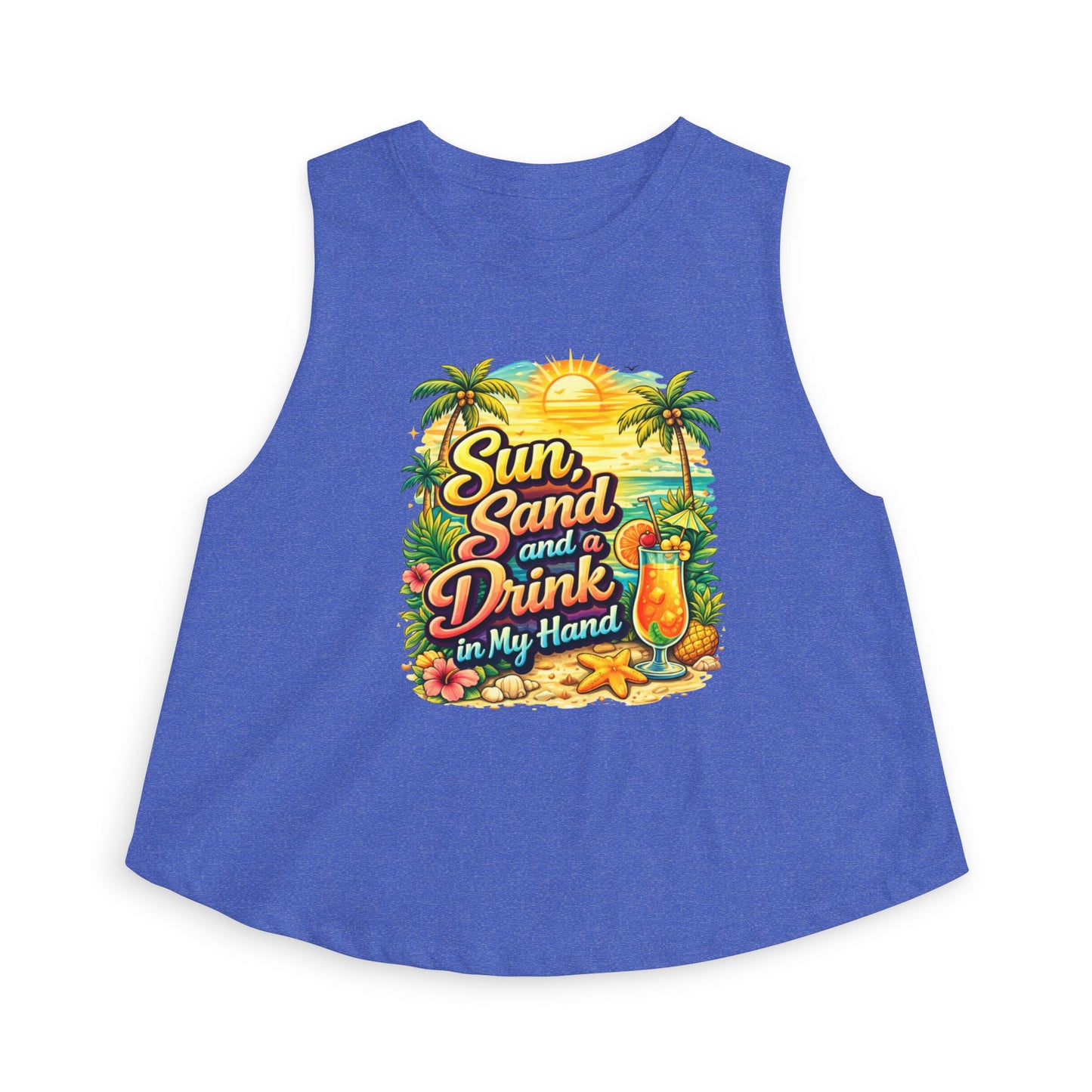 Crop Top — "Sun, Sand and a Drink in My Hand" Tropical Beach Graphic