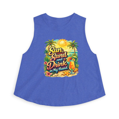 Crop Top — "Sun, Sand and a Drink in My Hand" Tropical Beach Graphic