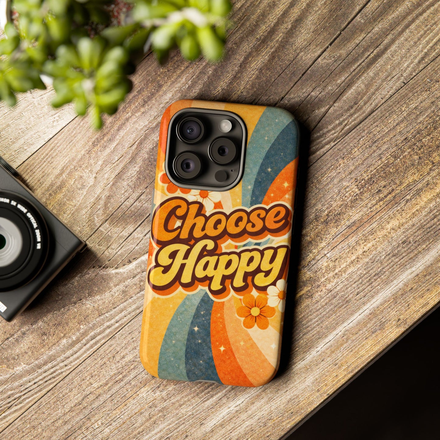 Retro 'Choose Happy' Phone Case — 70s Vibe Floral Protection