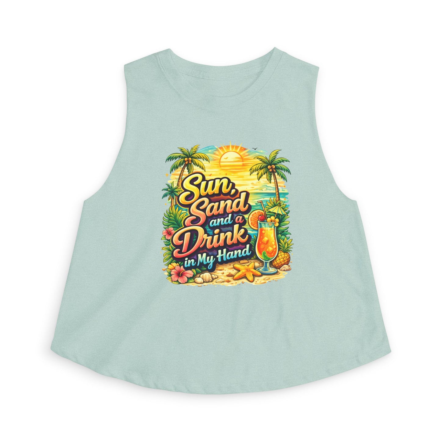Crop Top — "Sun, Sand and a Drink in My Hand" Tropical Beach Graphic