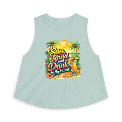 Crop Top — "Sun, Sand and a Drink in My Hand" Tropical Beach Graphic