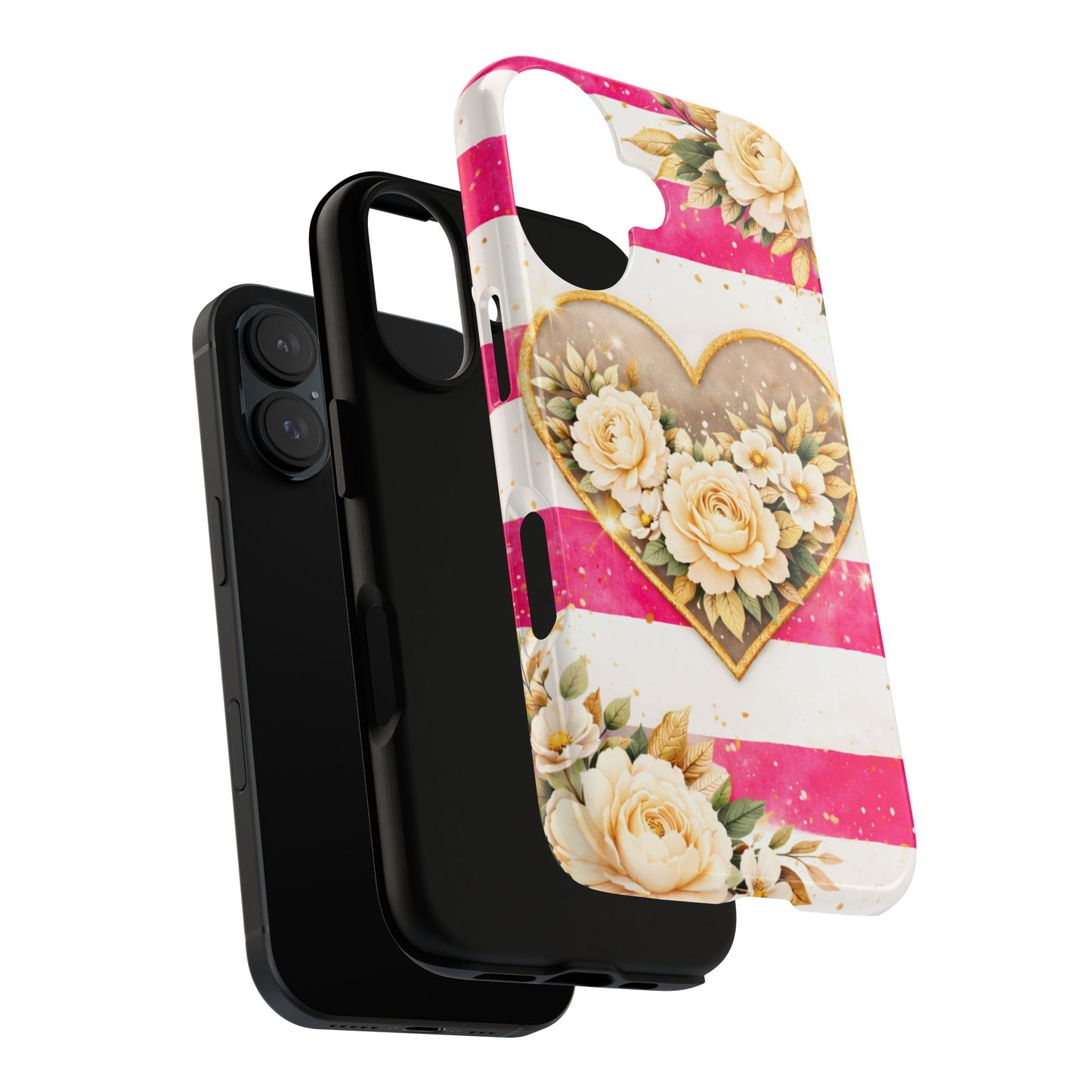 Floral Heart Tough Phone Case — Pink Striped Protective Cover
