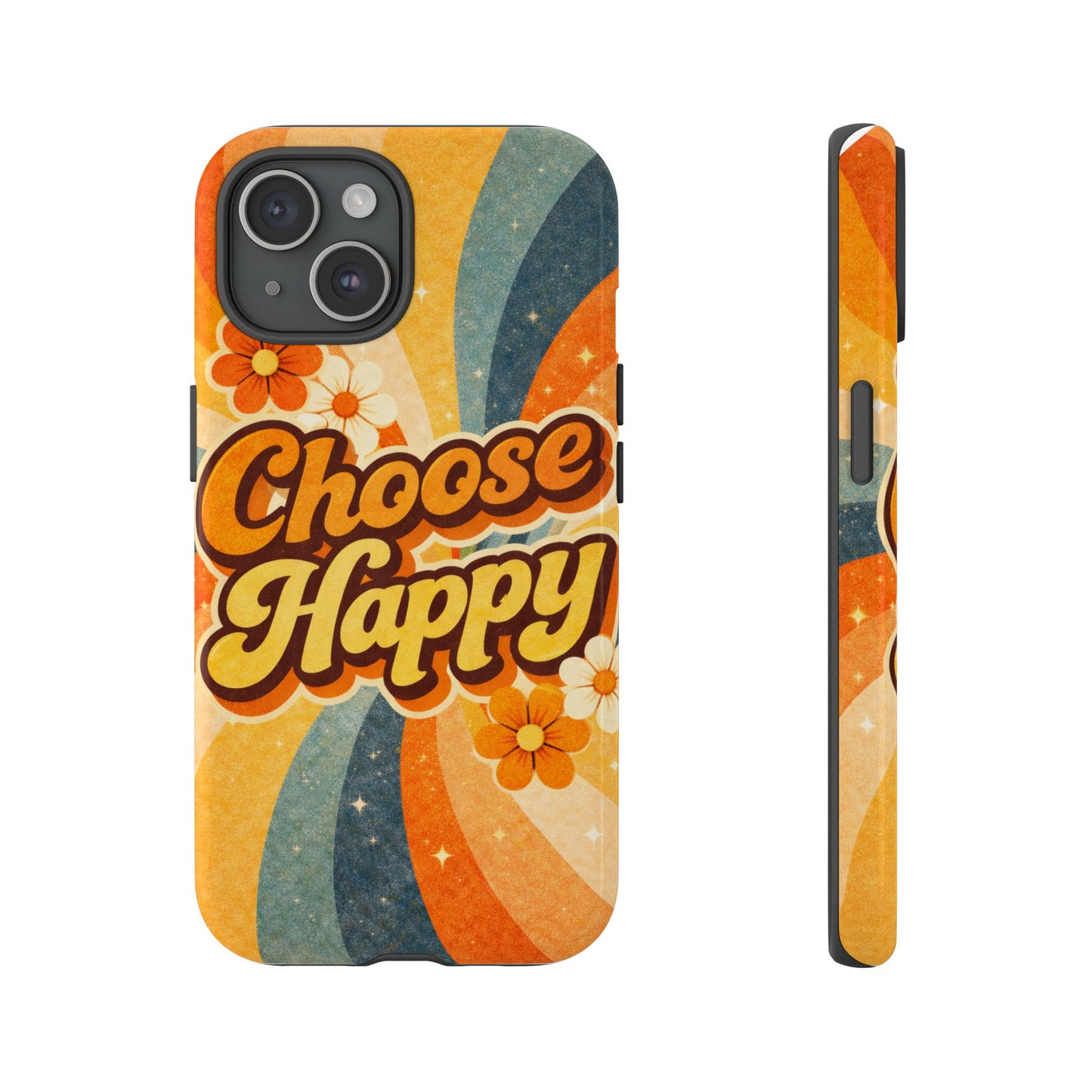 Retro 'Choose Happy' Phone Case — 70s Vibe Floral Protection
