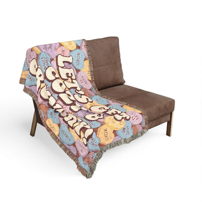 Let's Get Cozy & Crunchy Woven Blanket – Cute Candy-Heart Throw for Cozy Nights, Gifts & Valentine’s Decor