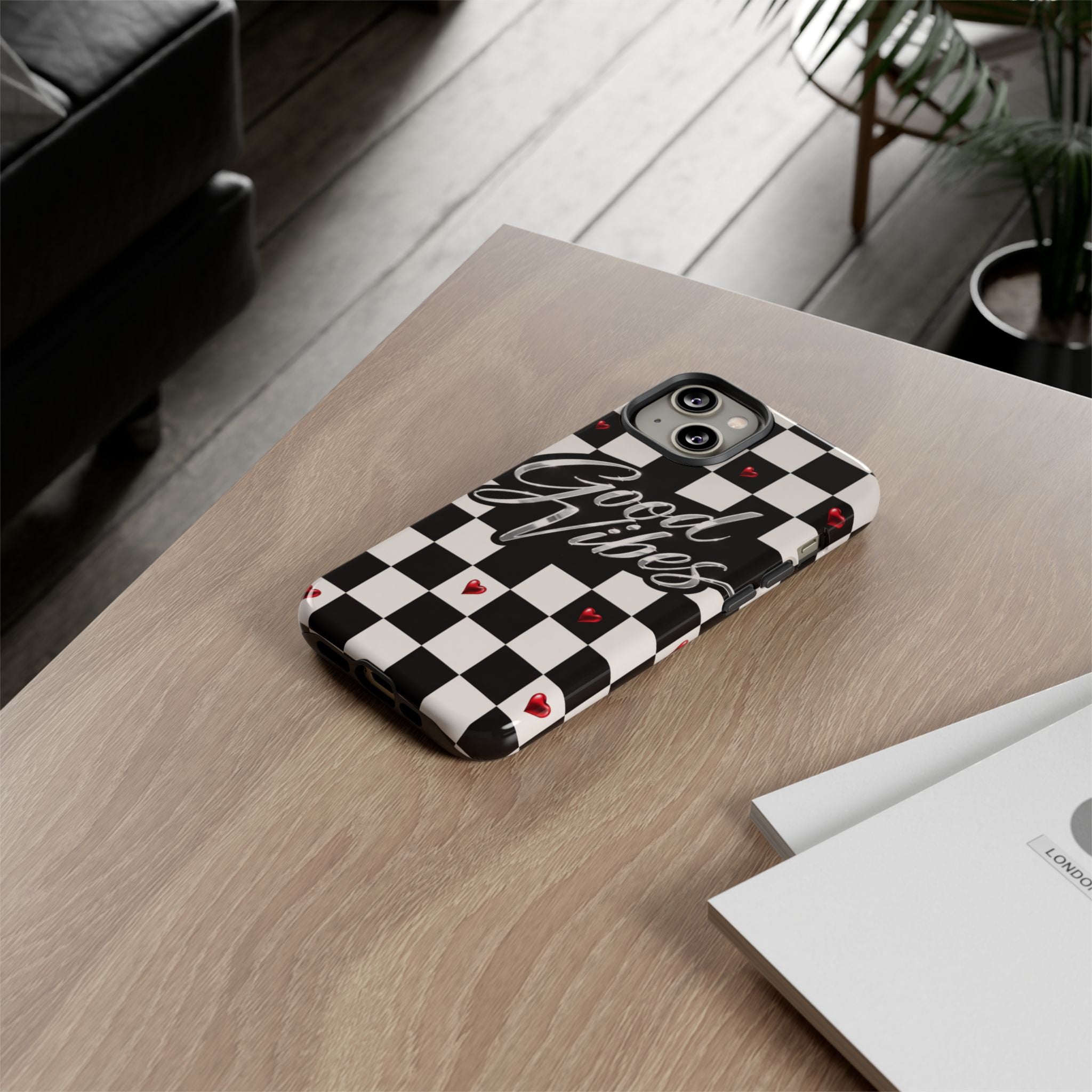 Good Vibes Checkerboard Phone Case — Retro Black & White with Red Hearts
