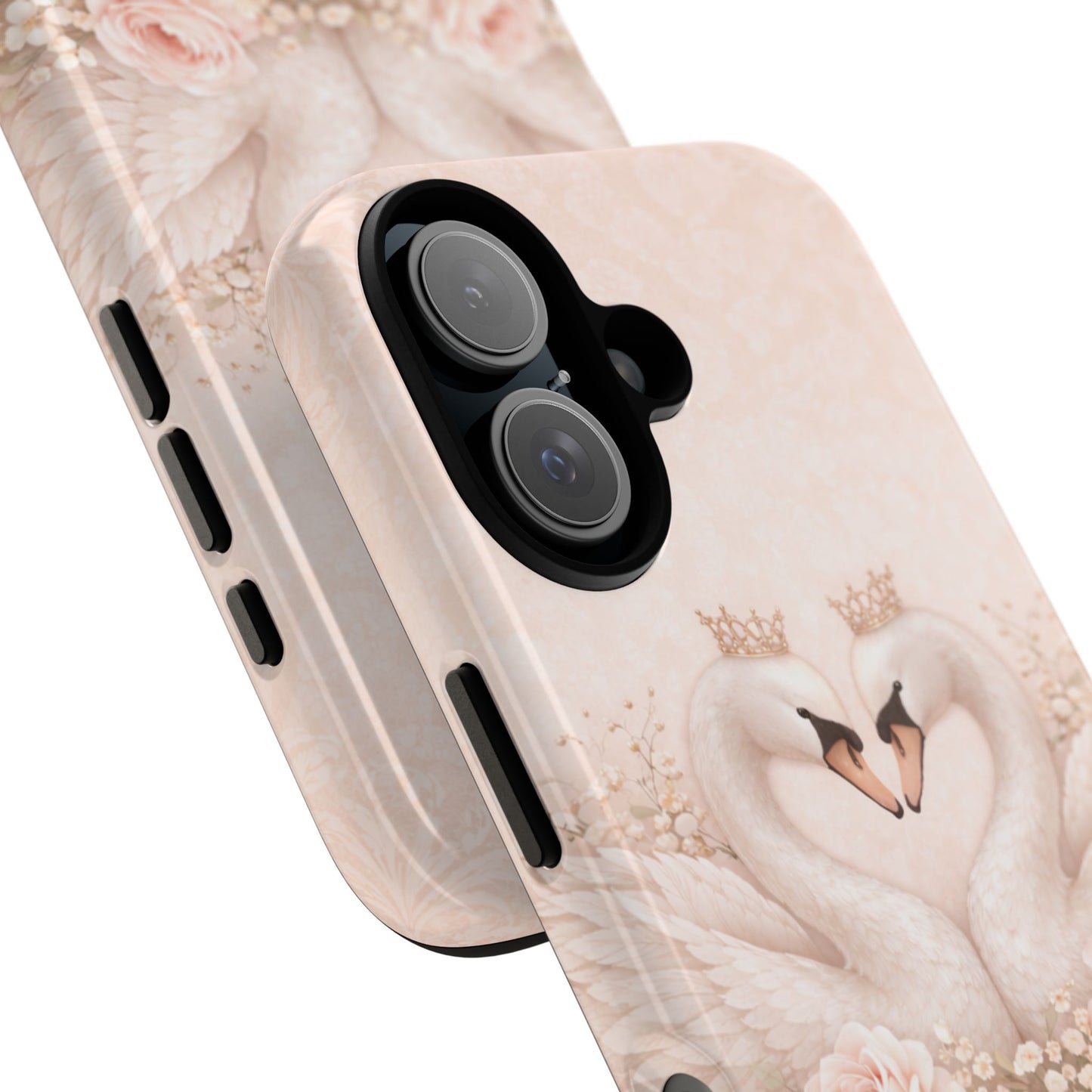 Swan Heart Tough Phone Case — Romantic Pearl & Rose Protective Cover