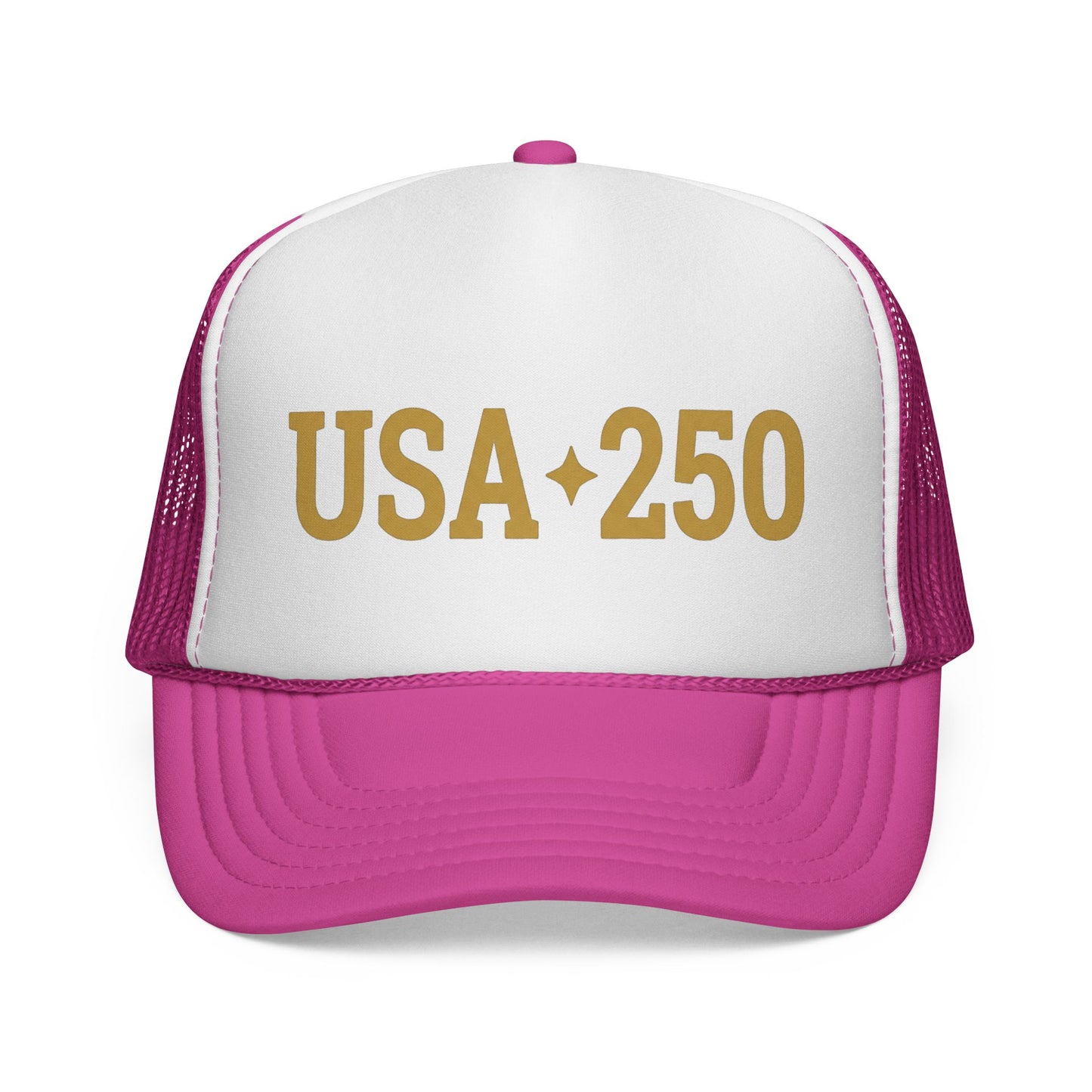 USA 250 Trucker Cap — Gold Vintage Patriotic Mesh Hat
