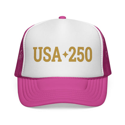 USA 250 Trucker Cap — Gold Vintage Patriotic Mesh Hat