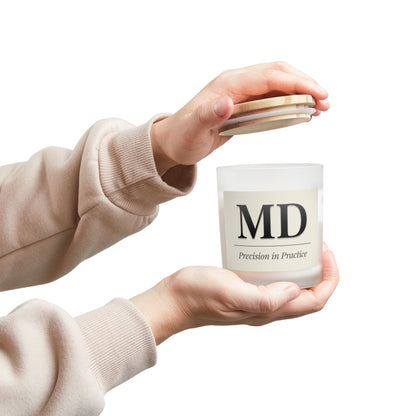 MD 'Precision in Practice' Frosted Glass Candle — 11oz Wooden Lid Scented Candle (Gift for Doctors & Medical Professionals)