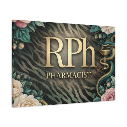RPh Pharmacist Matte Canvas Wall Art — Elegant Zebra Floral Pharmacy Decor