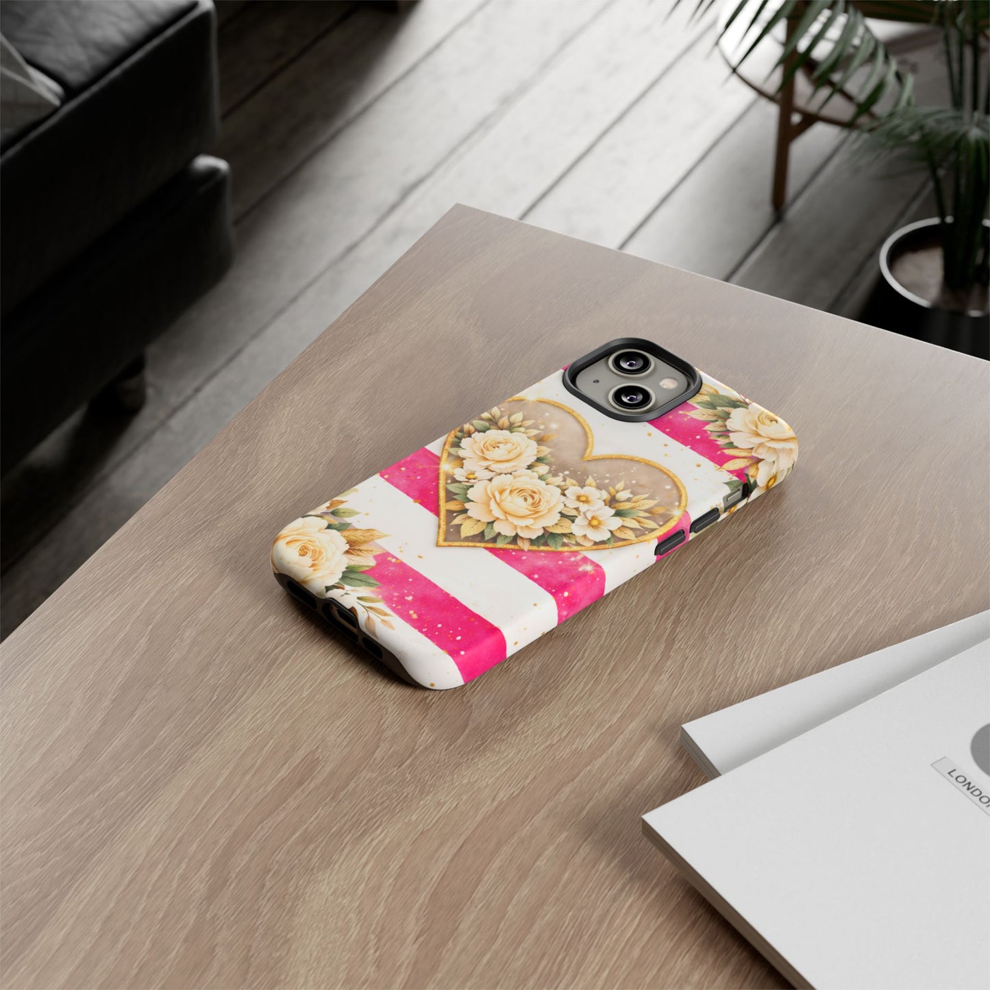 Floral Heart Tough Phone Case — Pink Striped Protective Cover