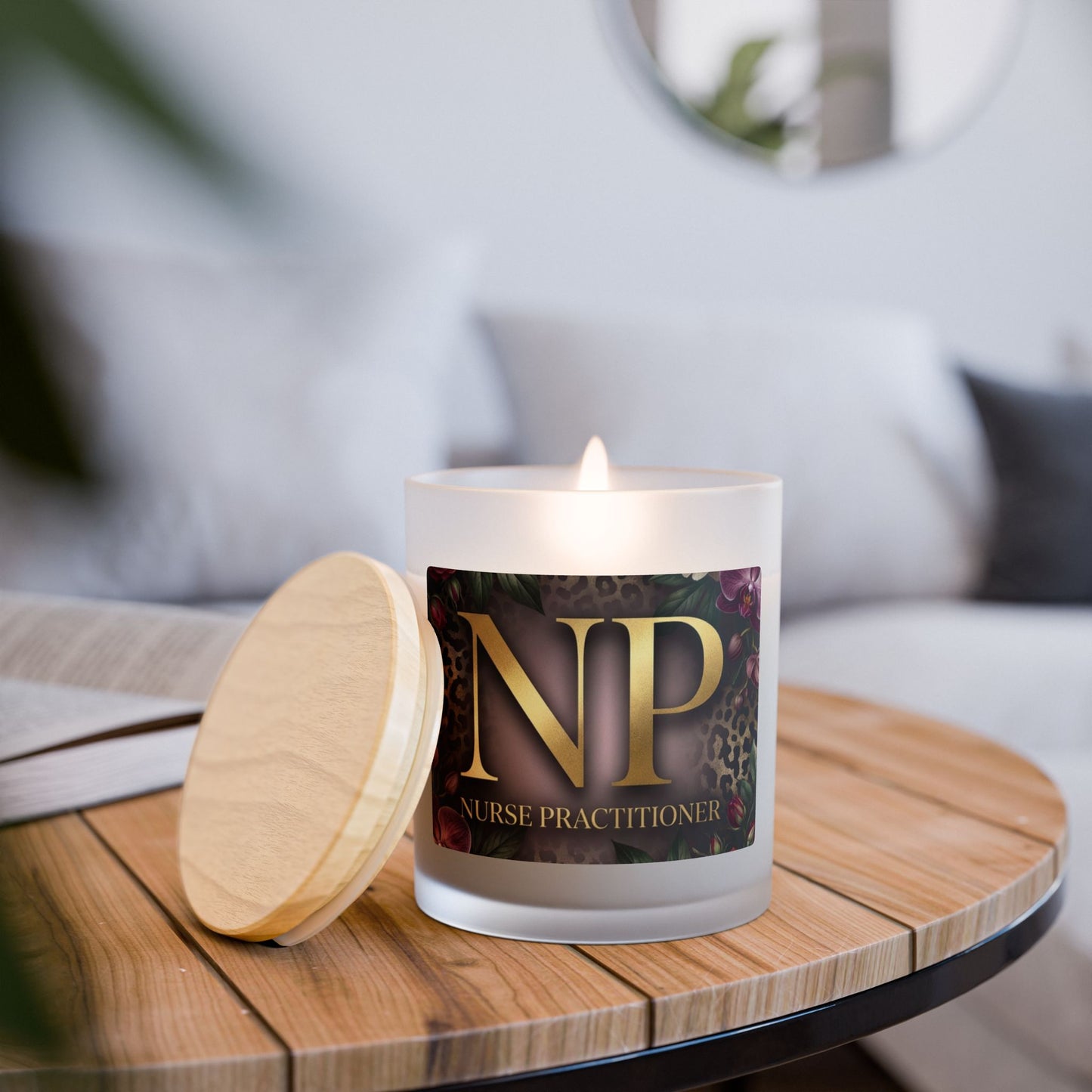 Nurse Practitioner Frosted Glass Candle — Elegant Leopard Floral 11oz