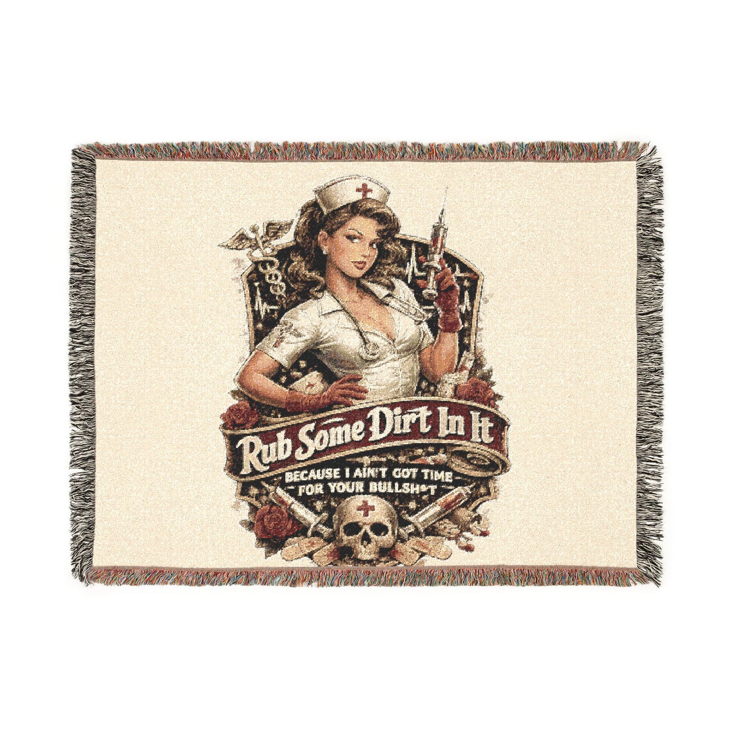 Nurse Pin-Up Woven Blanket — Retro Medical Patch Throw