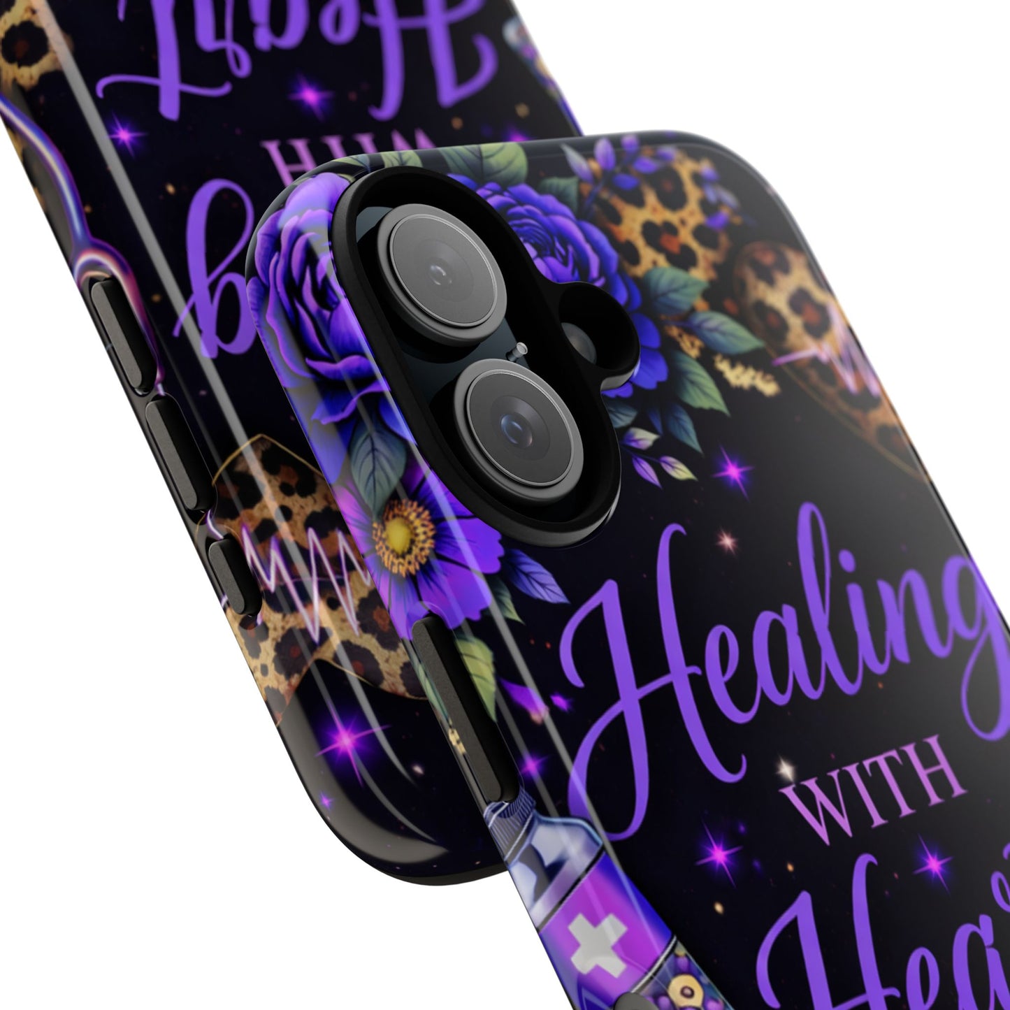 "Healing With Heart" Floral Stethoscope Design (Purple Leopard) Phone Case