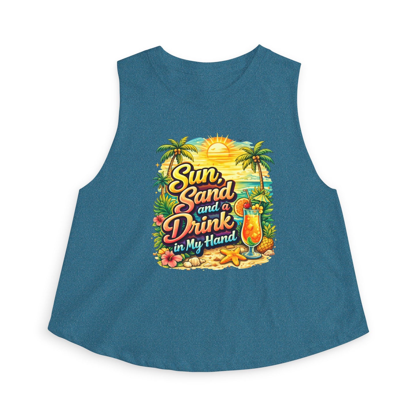 Crop Top — "Sun, Sand and a Drink in My Hand" Tropical Beach Graphic