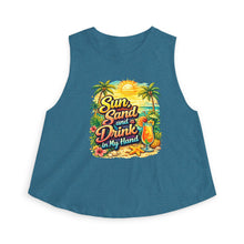 Crop Top — "Sun, Sand and a Drink in My Hand" Tropical Beach Graphic