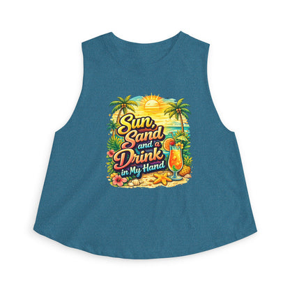 Crop Top — "Sun, Sand and a Drink in My Hand" Tropical Beach Graphic