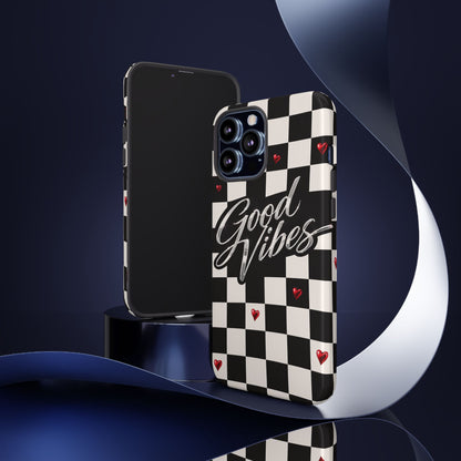Good Vibes Checkerboard Phone Case — Retro Black & White with Red Hearts
