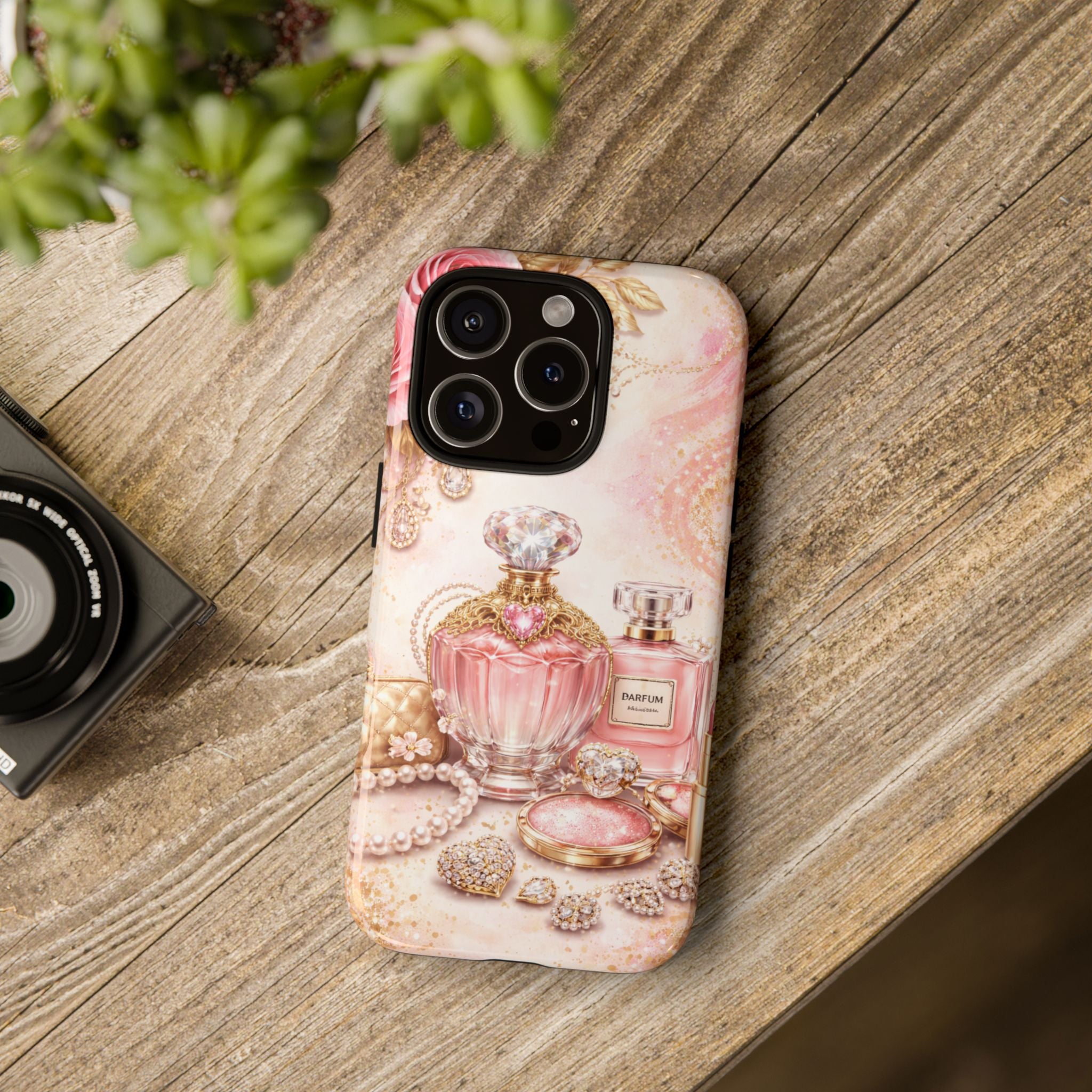 Floral Perfume Vanity Tough Phone Case — Glamorous Pink Cosmetics Design