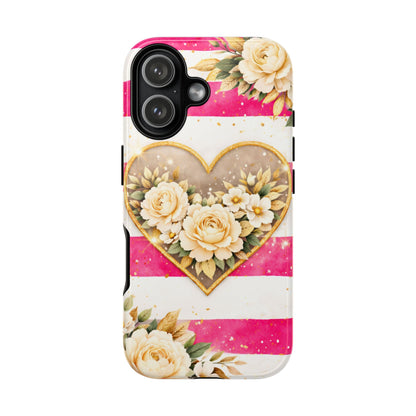 Floral Heart Tough Phone Case — Pink Striped Protective Cover