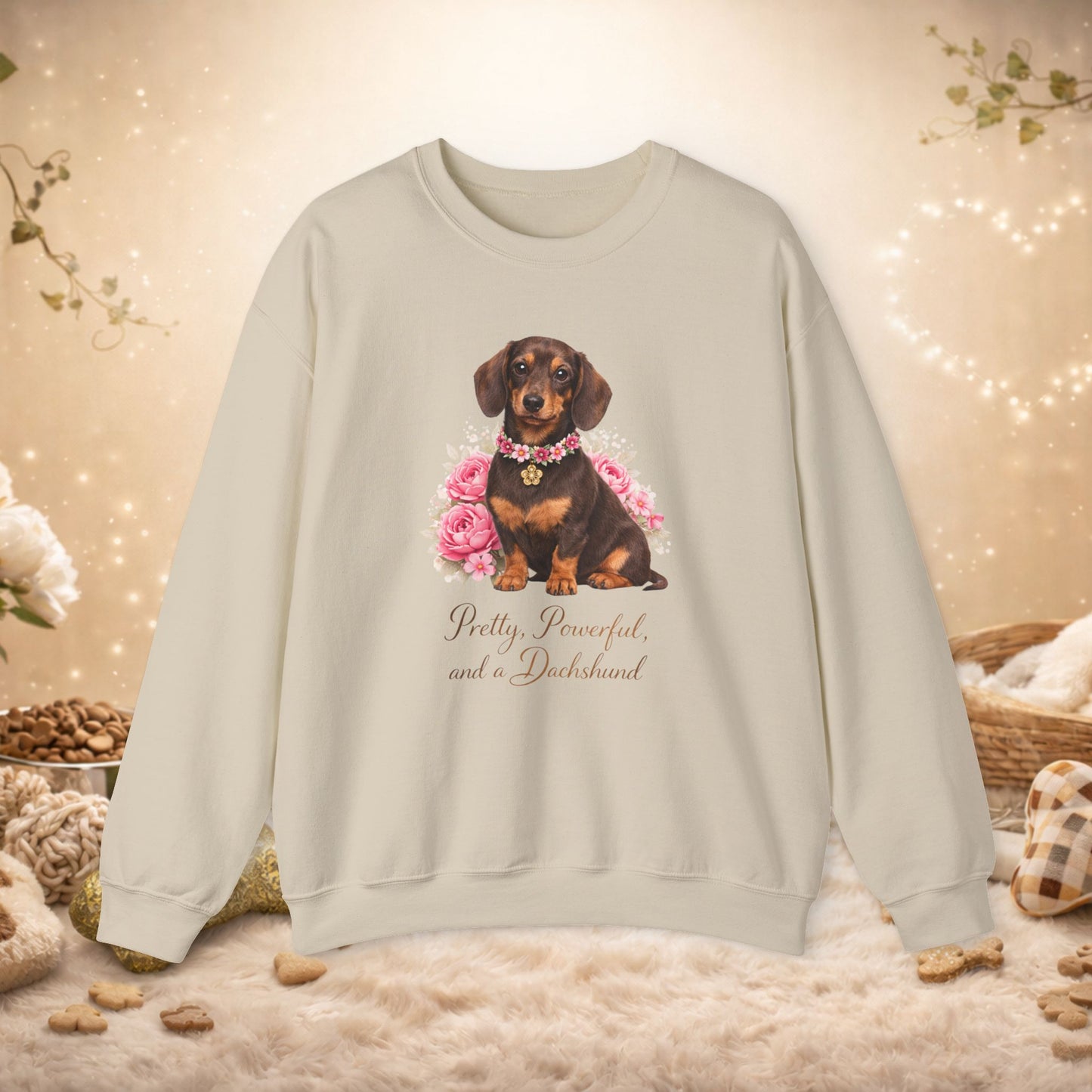 Dachshund Floral Crewneck Sweatshirt — "Pretty, Powerful, and a Dachshund"