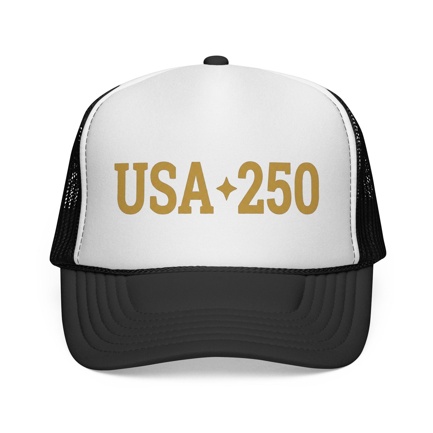 USA 250 Trucker Cap — Gold Vintage Patriotic Mesh Hat