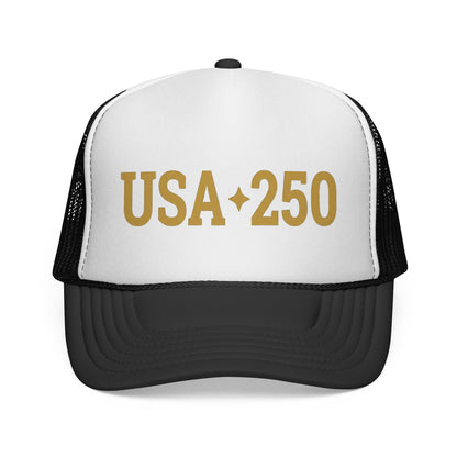 USA 250 Trucker Cap — Gold Vintage Patriotic Mesh Hat
