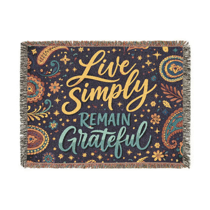 Live Simply Remain Grateful Woven Blanket — Inspirational Boho Throw