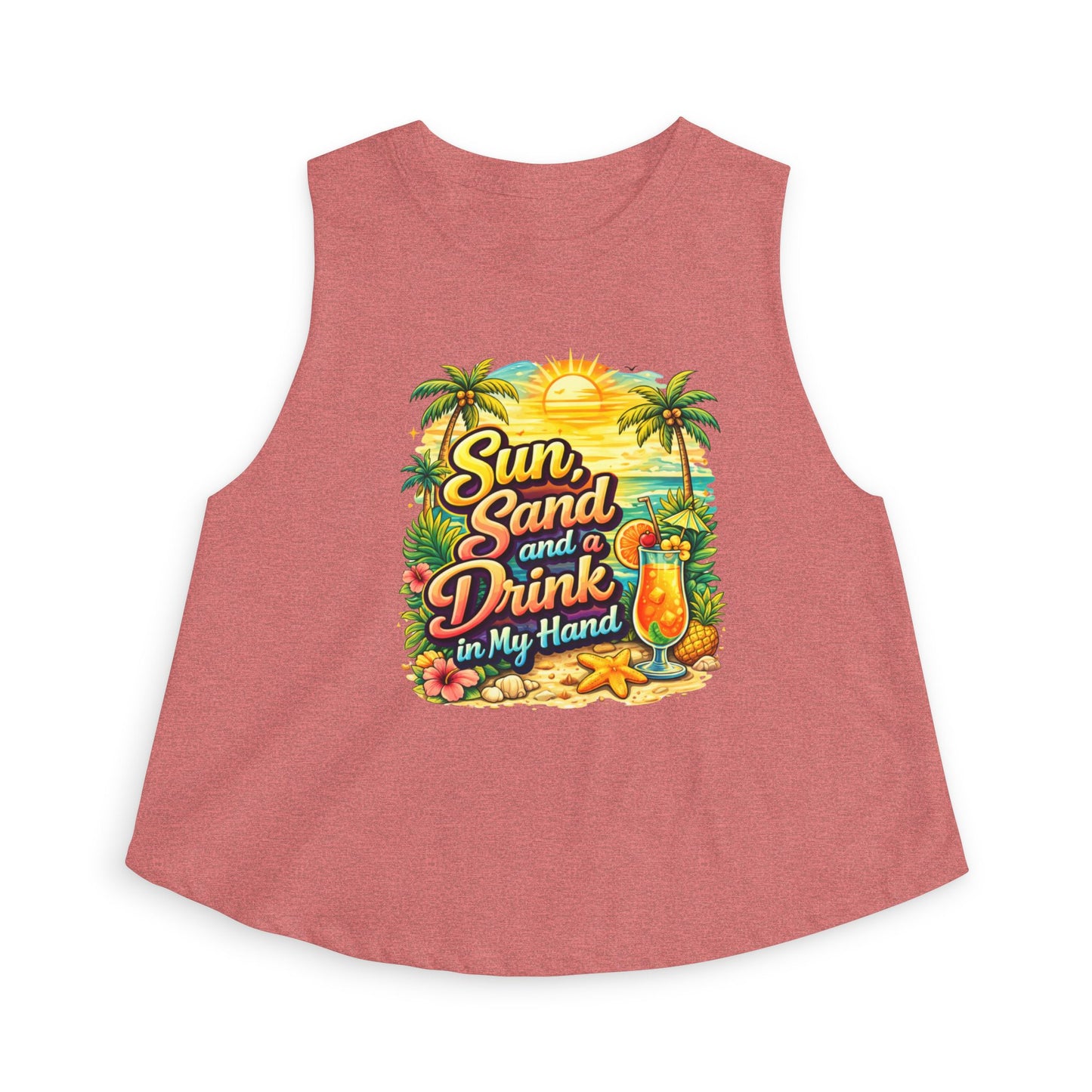 Crop Top — "Sun, Sand and a Drink in My Hand" Tropical Beach Graphic