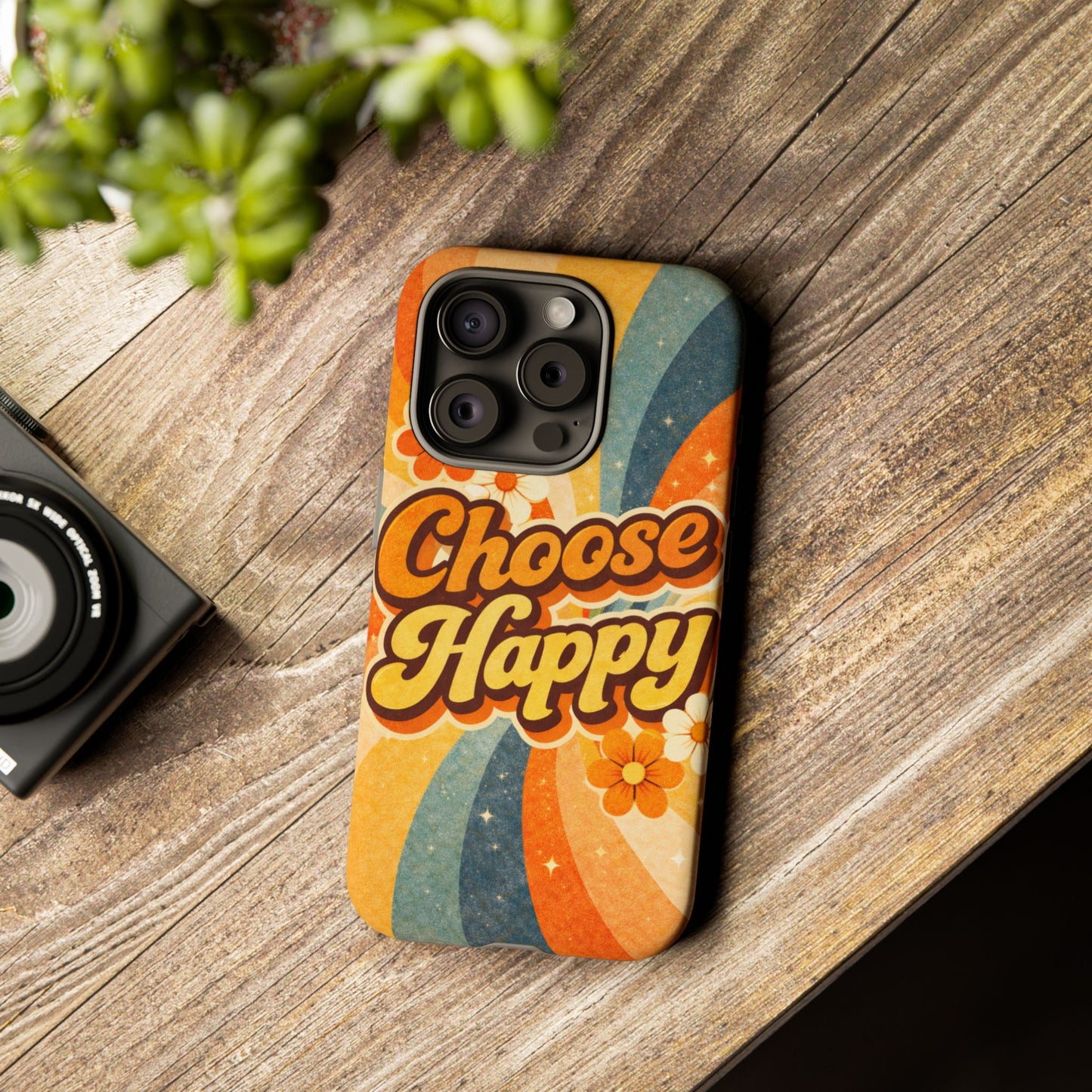 Retro 'Choose Happy' Phone Case — 70s Vibe Floral Protection