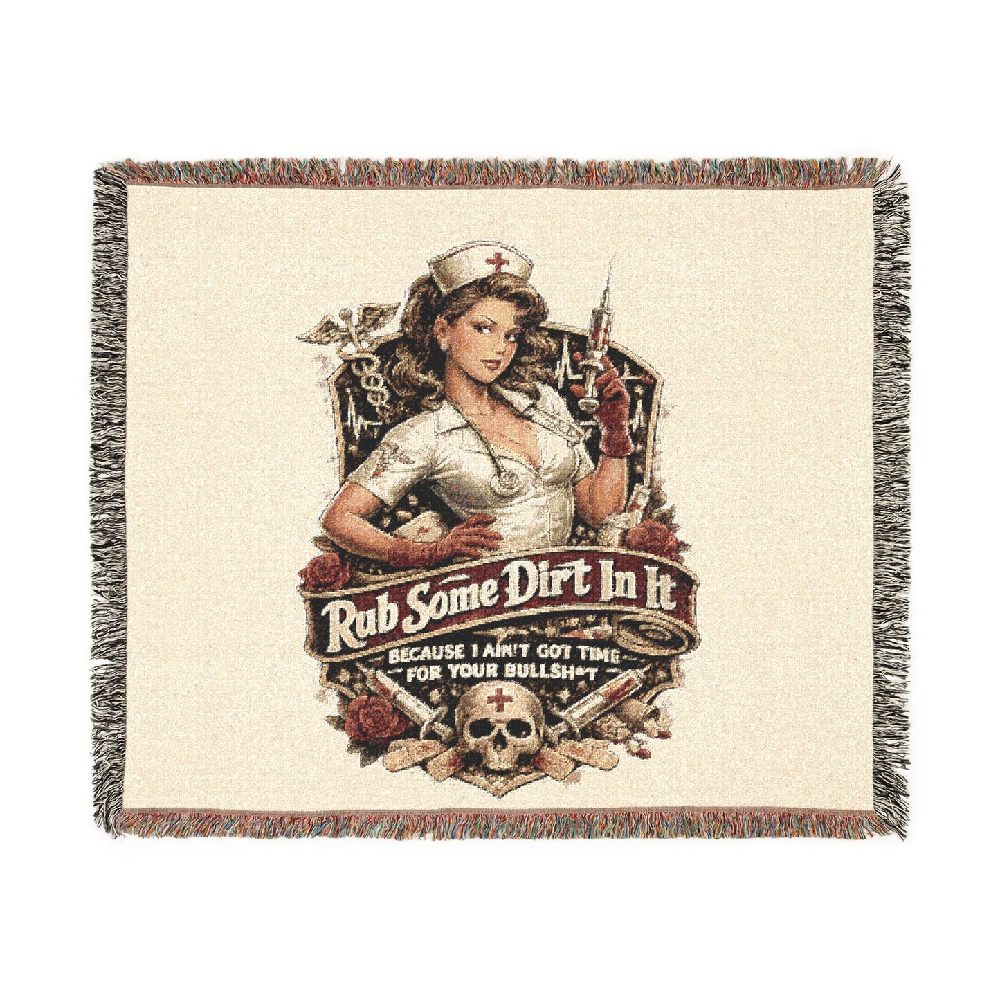 Nurse Pin-Up Woven Blanket — Retro Medical Patch Throw