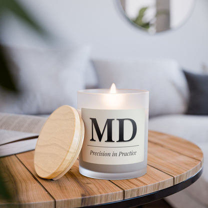 MD 'Precision in Practice' Frosted Glass Candle — 11oz Wooden Lid Scented Candle (Gift for Doctors & Medical Professionals)