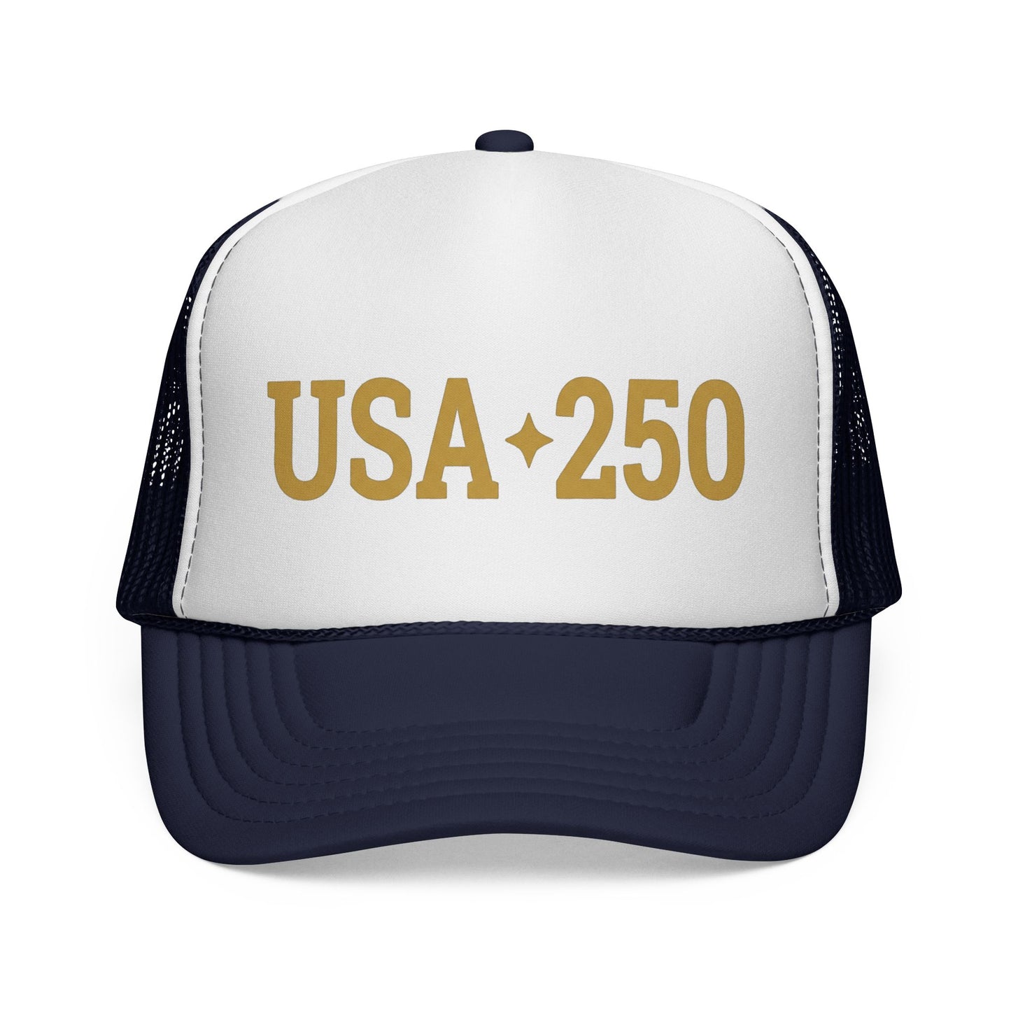 USA 250 Trucker Cap — Gold Vintage Patriotic Mesh Hat