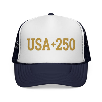 USA 250 Trucker Cap — Gold Vintage Patriotic Mesh Hat