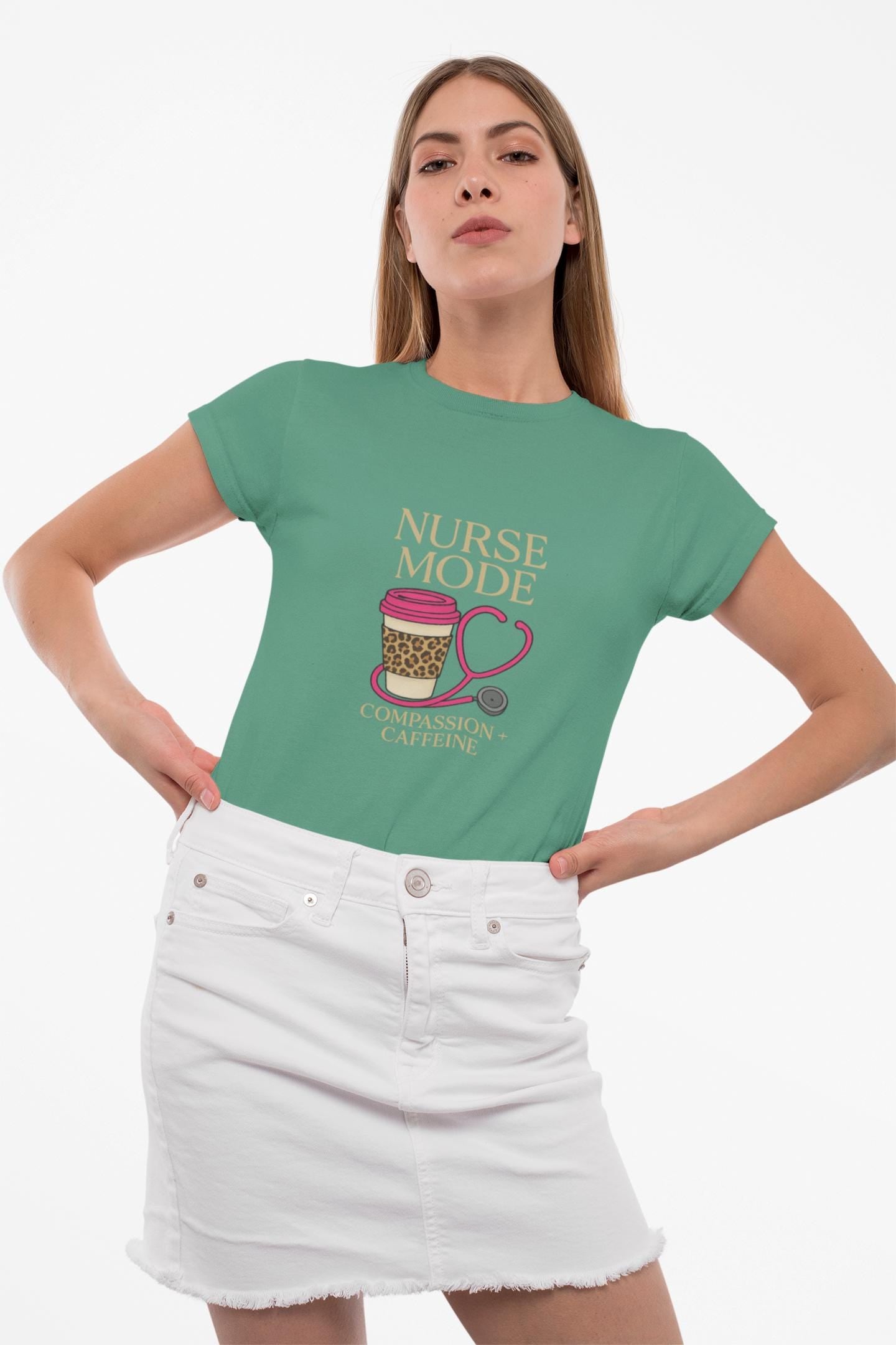 Nurse Mode T-Shirt, Compassion Caffeine Design, Unisex Healthcare Tee